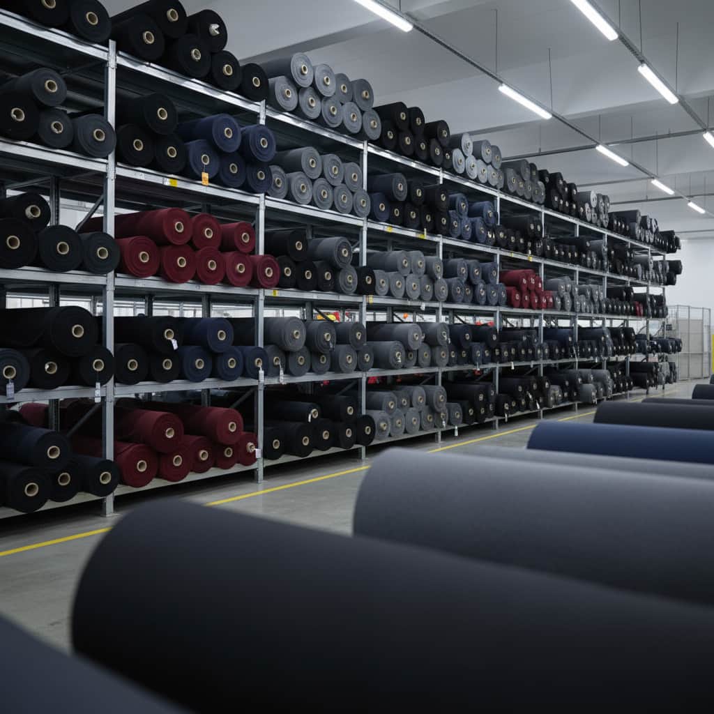 Rolls of high-quality activewear fabric in a modern textile manufacturing facility