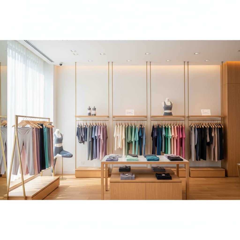 Professional showroom display of premium yoga wear collection featuring leggings and sports bras