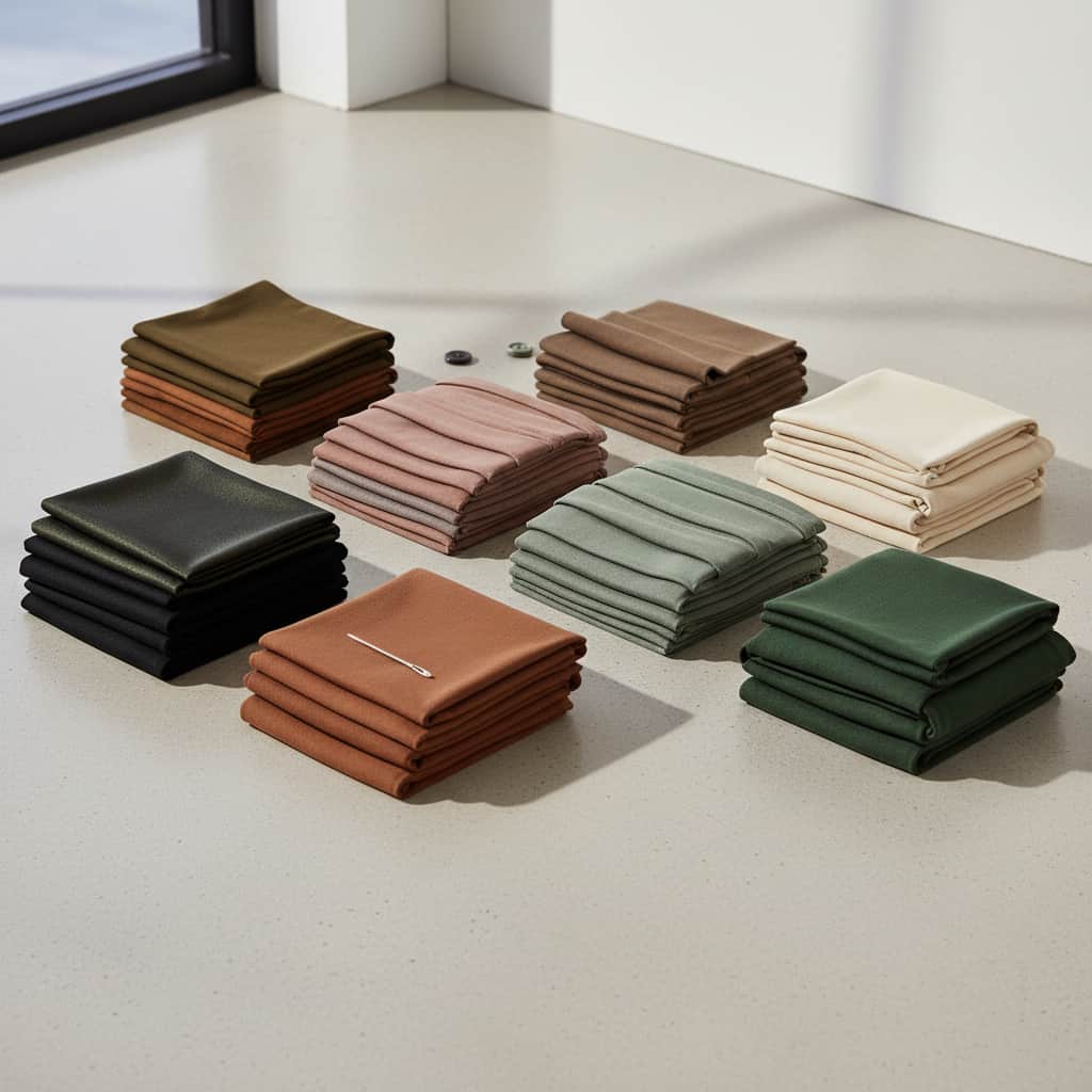 Assorted yoga fabric swatches including nylon, polyester, bamboo, and cotton blends arranged on a wooden surface